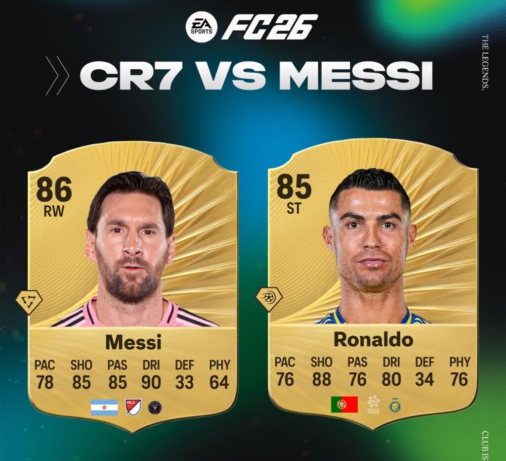 A graphic comparing Cristiano Ronaldo's 85-rated EA FC 26 card with Vitinha's 89-rated card, showing the shift in Portugal's player ratings.
