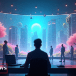 AI-powered gaming in 2025 showing futuristic virtual world with advanced NPCs and immersive gameplay