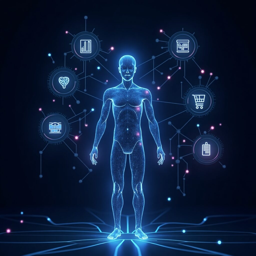 Futuristic AI concept showing robots, data networks, and digital innovation shaping the future