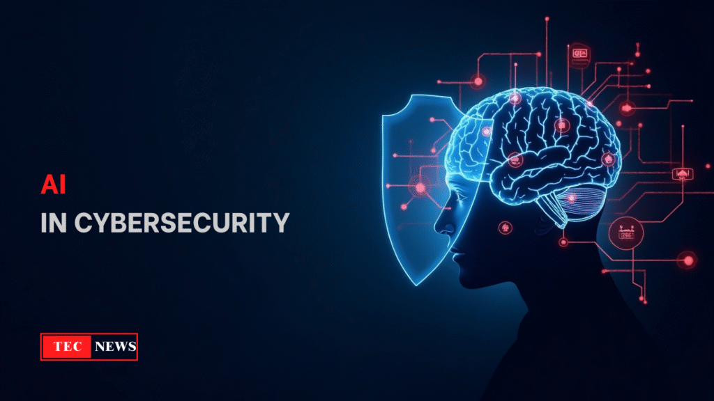 A digital shield powered by AI protecting a data network from cyber threats, illustrating the key role of AI in cybersecurity.
