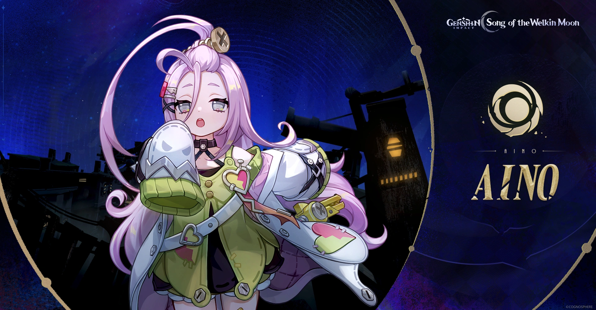 he official character art for Aino, the new free 4-star character in Genshin Impact Version 6.0, standing with her mechanical duck companion.
