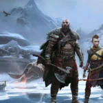 Concept art of Kratos in the next God of War, set in Egypt and wielding an Egyptian sword in front of pyramids.