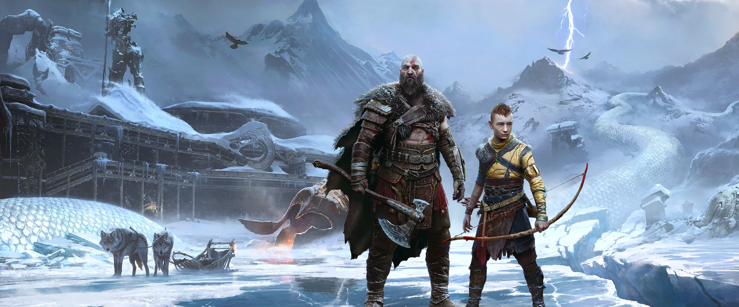 Concept art of Kratos in the next God of War, set in Egypt and wielding an Egyptian sword in front of pyramids.